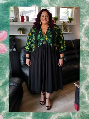eShakti Custom Plus Size Floral Midi Dress w/ Scarf Neck Sz ~4X / 28
